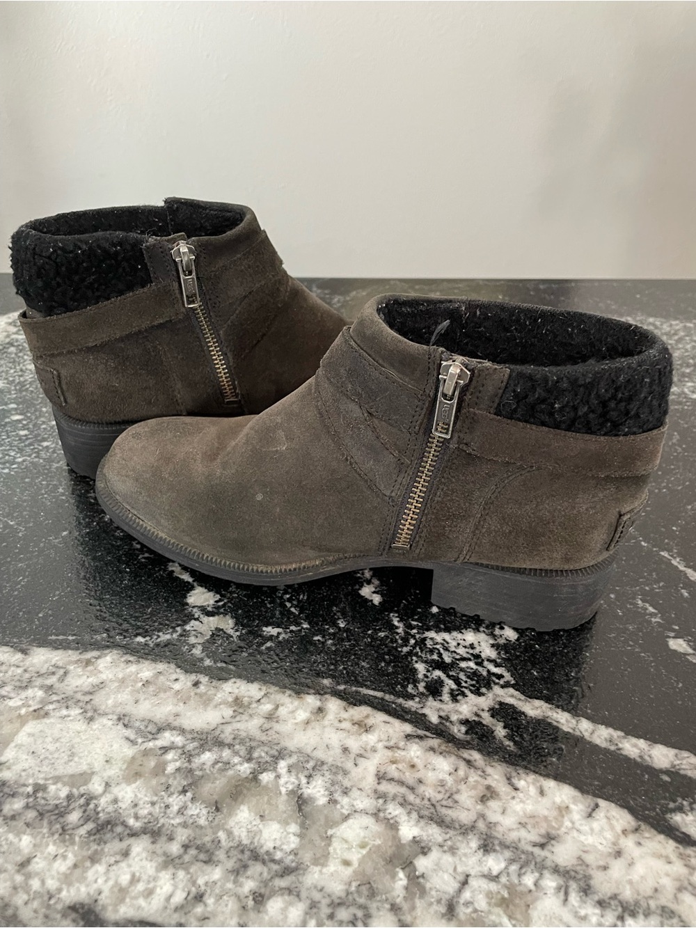 UGG Dark Brown Suede Ankle Booties with Black Shearling Collar